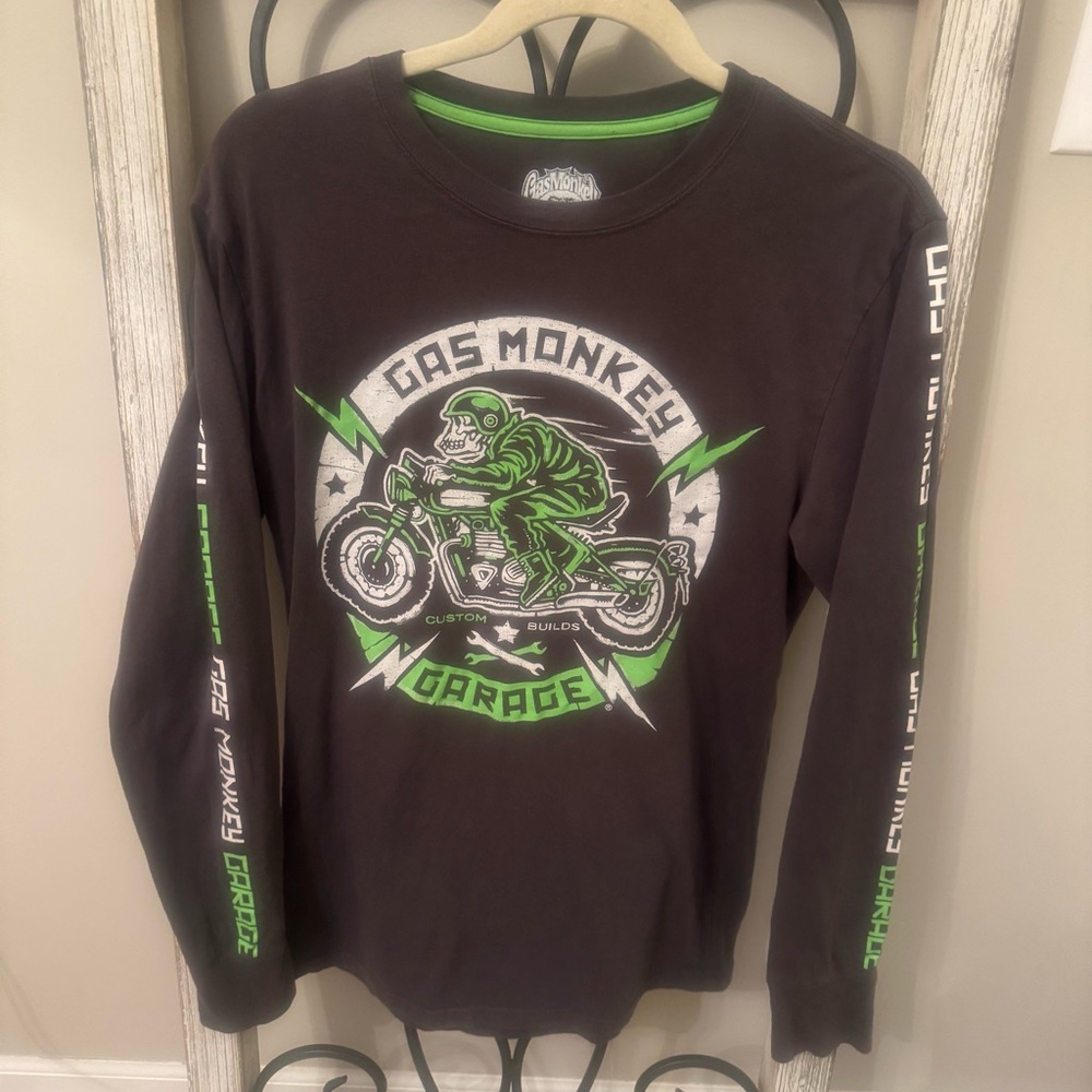 Gas Monkey Garage Skeleton Rider Long Sleeve T-Shirt Black Green Size S - Picture 2 of 7